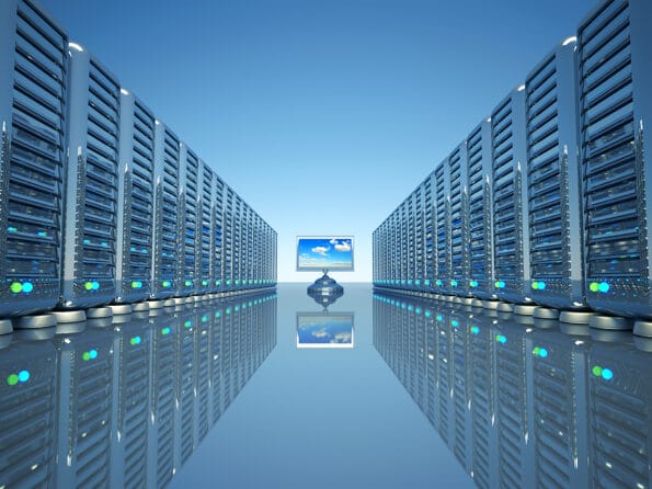Rows of network computer servers and a flat lcd monitor - 3d render