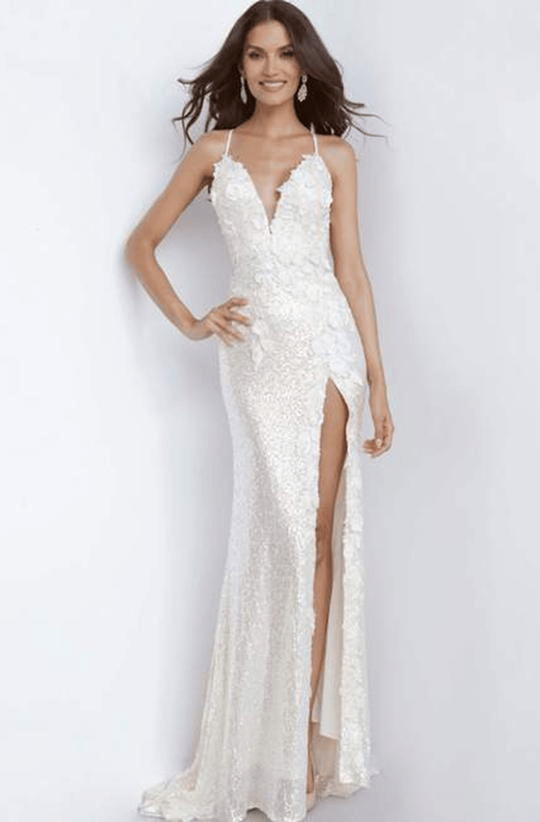 Sequined White Jovani Gowns with Sweep Train Finish