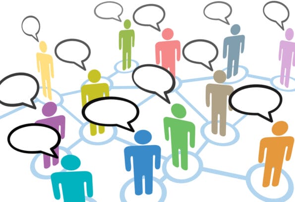 A group of diverse people talk in social media speech communication network connections. Facebook advertising.
