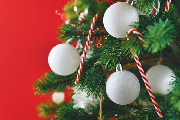 Close up of decorated Christmas tree with white and red seasonal tree ornaments like baubles and candy canes on red background