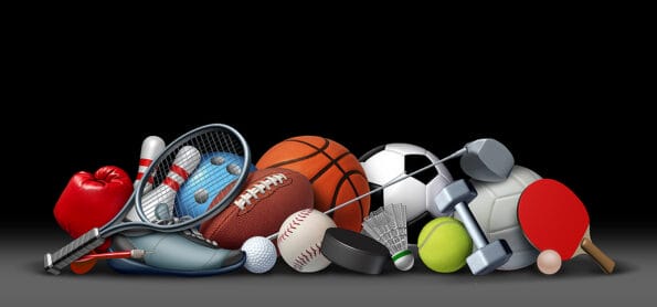 Sport objects on black and sports equipment with a football basketball baseball soccer tennis and golf ball and badminton hockey puck as recreation and playing a leisure activity with 3D illustration elements.