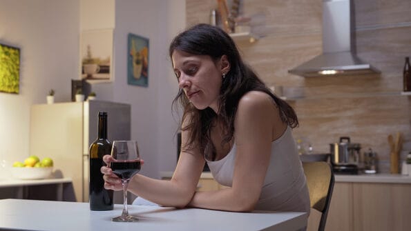 Alcohol addiction wife drinking in the kitchen. Unhappy person suffering of migraine, depression, disease and anxiety feeling exhausted with dizziness symptoms having alcoholism problems. rehab