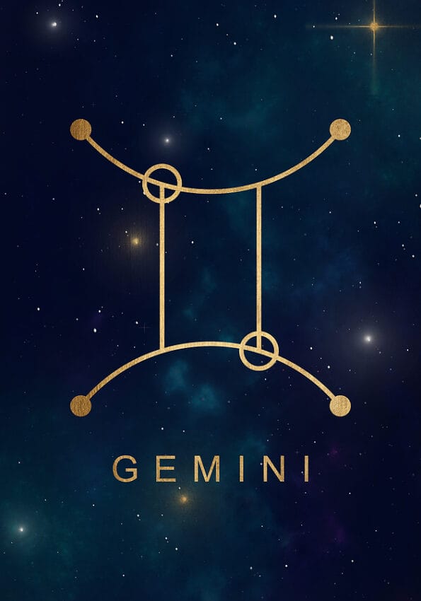Gemini zodiac constellations sign on beautiful starry sky with galaxy and space behind. Gold Gemini horoscope symbol constellation on deep cosmos background