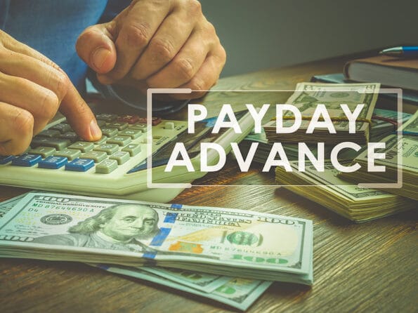Payday advance loan concept. Calculator and wads of money.