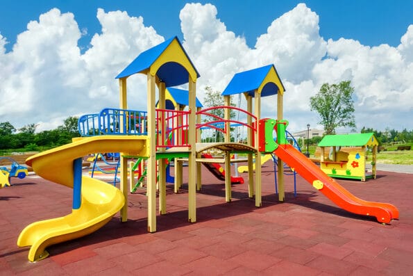 Colorful playground empty. Outdoor playground set. Children playground equipment. Play area. Play yard. Children slide park equipment. School yard. Play ground