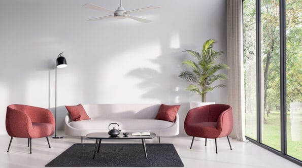 Minimal style living room decorate with modern white sofa and red lounge chair 3d render There are empty white wall ,decorate with white ceiling fan and black rug large window overlooking nature view