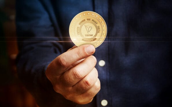 Tron TRX cryptocurrency symbol golden coin in hand abstract concept.