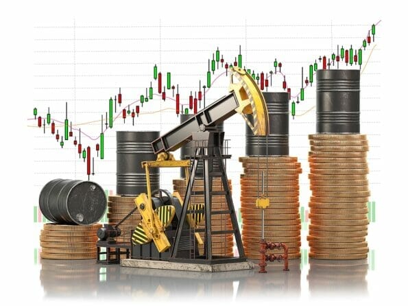 Oil barrels on stacks of golden coins and oil pump jack with market price chart. Growth of oil stock prices and extraction of oil concept. 3d illustration