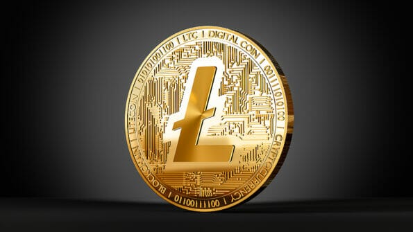 ltc crypto, litecoin token icon and sign on golden coin, 3d rendering on a black background